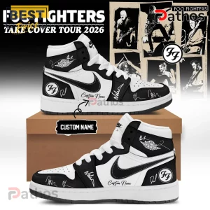 Black and white hi-top shoes, 'BEST FIGHTERS TAKE COVER TOUR 2026' text, plus 'Custom Name' area for personalization!