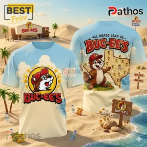 Buc-ee's T-shirt! Beaver logo, Texas map, 'All roads lead to Buc-ee's' text, blue, beige, and yellow design!