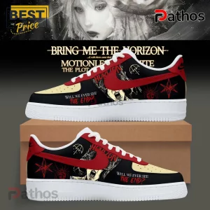 Bring Me The Horizon Ascension Program Custom Air Force 1 Shoes 2 Black/red sneakers: Band names, 'Bring Me The Horizon,' spider, face graphic, text 'Will We Ever See The End?'!