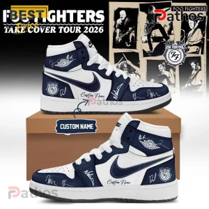 Foo Fighters Take Cover Tour 2026 Signature High Top Shoes 1 Custom white and blue hi-top sneakers with 'BEST FIGHTERS TAKE COVER TOUR 2026' and band signatures!