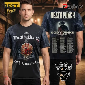 Black Five Finger Death Punch tee; skull graphic, red hand print. '20th Anniversary' text!