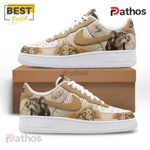 Wyonna & Melissa Etheridge Custom Air Force 1 Premium Sneakers 2 Custom white beige sneakers, sepia country duo Maddie & Tae, floral design, sunburst pattern, signatures, white laces, beige swoosh!