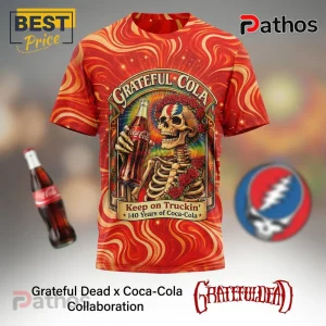 Grateful Dead x Coca-Cola tee! Red tie-dye, skeleton, roses, coke bottle graphic. Text: GRATEFUL COLA, Keep on Truckin', 140 Years of Coca-Cola!