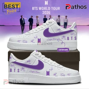 BTS 2026 World Tour Limited Edition Signature Air Force 1 Sneakers 1 White shoes with purple Nike swoosh & BTS World Tour 2026 graphic, plus custom name option!
