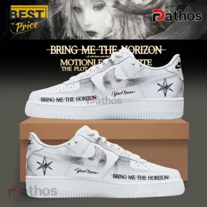 White sneakers featuring Bring Me The Horizon, Motionless In White, & custom text, plus star design!