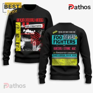 Foo Fighters Take Cover Tour 2026 Band Concert Graphic T-Shirt 4 Black Foo Fighters sweatshirt with tour dates, 'Take Cover Tour,' 'Queens of the Stone Age' band names in teal, yellow accents!