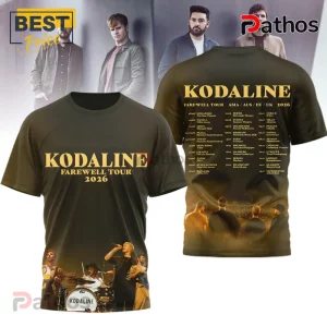 Green tee with KODALINE Farewell Tour 2026 text. Tour dates listed. Band imagery on front and back.!