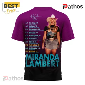 Miranda Lambert tour dates tee! Purple, black, white text lists tour stops; image of Miranda! Country music style!
