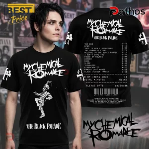 Black tee with My Chemical Romance graphic. Features a skeleton & tracklist resembling a receipt. Bold, edgy design!