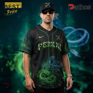 Black baseball jersey with 'FERXXO' in green, dragon graphic! Streetwear style.!