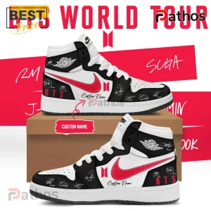 White/black sneakers with BTS member names, signatures, and red Nike swoosh! Features customizable text!