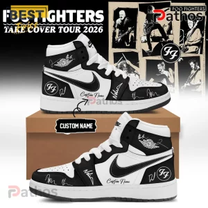 Foo Fighters Take Cover Tour 2026 Limited Edition High-Top Shoes 1 Custom black/white hi-top shoes with 'BEST Fighters TAKE COVER TOUR 2026', 'Foo Fighters', band signatures, and 'Custom Name' text!