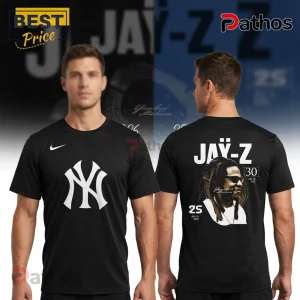 Black tee featuring the NY Yankees logo and Jay-Z graphic with the text 'JAY-Z' and dates!