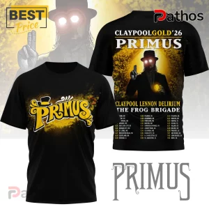 Primus Tour 2026 Claypool Lennon Delirium Concert Dates T-Shirt 1 Black t-shirt with gold grunge PRIMUS logo on front! Back features glowing man in hat, CLAYPOOLDGOLD'26 PRIMUS tour dates!