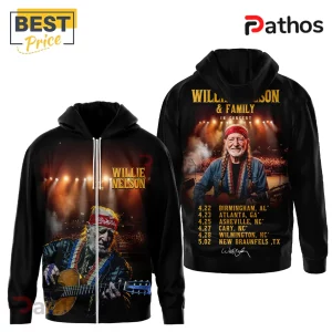 Black hoodie; Willie Nelson & Family In Concert tour dates; red bandana, denim jacket, & guitar; vintage rock design!