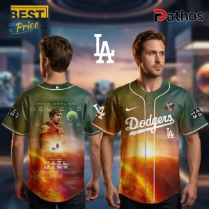 Ryan Gosling Believe In The Hail Mary Project baseball jersey. Dodgers in white, green, orange space design!