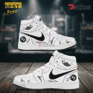White hi-top sneakers with black swoosh, logos, plus 'Custom Name' text! Rock vibe!