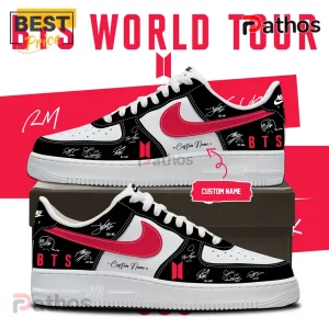 BTS World Tour Custom Signature AIr Force 1 Sneakers 1 Custom Nike Air Force 1. BTS World Tour design. White, black, red. Features member signatures and space for a custom name!