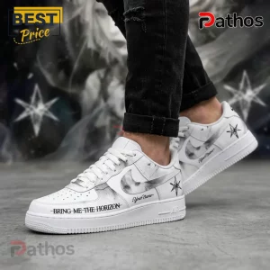White sneakers with BMTH band text, star icon, plus your name font in black! Custom shoes!