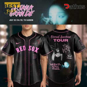 Black Red Sox jersey with pink accents. Features Ariana Grande, text: Eternal Sunshine Tour, and Dangerous Woman Tour!