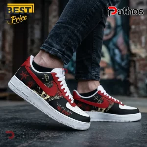 Black, red, and white graphic sneakers. Text: WILL WE EVER SEE THE END?! Umbrella Academy-themed shoes!