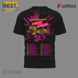 Sex Pistols 50 Years of Punk Anarchy UK Graphic Print T-Shirt 3 Black punk rock tee with distressed pink yellow graphic: ANARCHY IN THE U.K. Sex PISTOLS 50 YEARS OF PUNK, full tour dates!