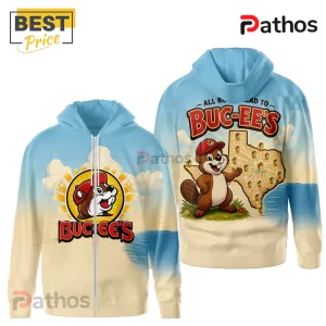 Blue hoodie w/ Buc-ee's cartoon beaver, text: ALL ROADS LEAD TO BUC-EE'S, Texas map. Full print, unisex style!