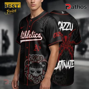 Black baseball jersey with 'Athletics' and spider/skull graphics! Custom name 'CAZZU'!