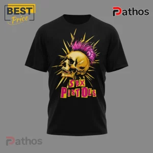 Sex Pistols 50 Years of Punk Anarchy UK Graphic Print T-Shirt 2 Black punk rock t-shirt featuring a golden skull with a pink mohawk and yellow rays! Text reads SEX PISTOLS in yellow and pink!