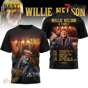 Black Willie Nelson tee! Features tour dates, Willie's image, and text: Willie Nelson & Family in Concert!