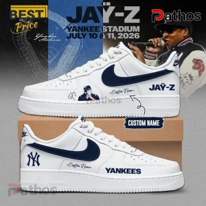 NY Yankees Jay-Z Hometown Show 2026 Limited Edition Air Force 1 1 White custom sneakers feature navy swoosh! Top shoe has Jay-Z graphic, JAY-Z text! Bottom shoe has Yankees logo, YANKEES text, both with Custom Name option!