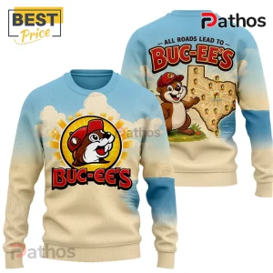 Buc-ee's sweater! Blue, yellow, beige with 'ALL ROADS LEAD TO BUC-EE'S' text and beaver logo on front and back!