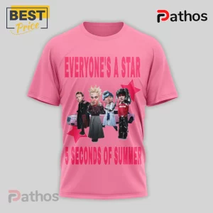 5SOS Everyone's A Star World Tour Graphic Print Music Band T-Shirt 3 Pink tee: cartoon 5 Seconds of Summer band! 'EVERYONE'S A STAR', '5 SECONDS OF SUMMER' text!