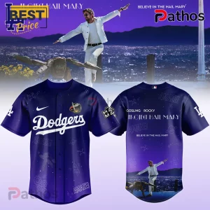 Blue Dodgers jersey with 'Dodgers' text, and space/science graphics! 'Project Hail Mary' text!