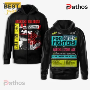 Foo Fighters Take Cover Tour 2026 Band Concert Graphic T-Shirt 3 Black hoodie w/ Foo Fighters tour art. Front: eyes, mouth. Back: band names & tour dates. Rock concert merch!