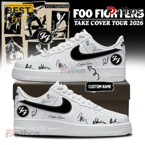 White Foo Fighters shoes with black logo/signatures, text: 'Take Cover Tour 2026' & custom name option!