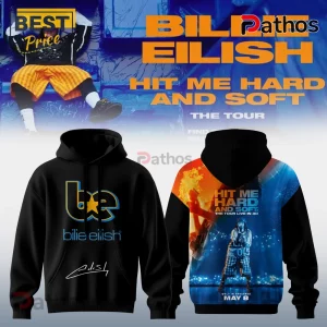 Black Billie Eilish hoodie with blue/gold 'be' logo and 'Hit Me Hard and Soft' tour graphic!