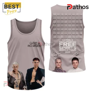 Gray tank top: CA7RIEL & PACO AMOROSO Free Spirits Tour 2026. Concert venue list graphic!