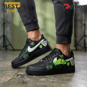 Black sneakers with white swoosh, green & white skulls, plus FEID text! Custom style kicks!