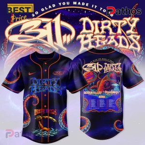 Purple baseball jersey with orange trim. 311 & Dirty Heads band tour dates, octopus & ocean graphic. Vintage style!