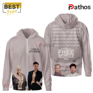 Taupe zip-up hoodie: CAZRIEL & PACO AMOROSO, Free Spirits World Tour 2026. Concert dates listed on the back!