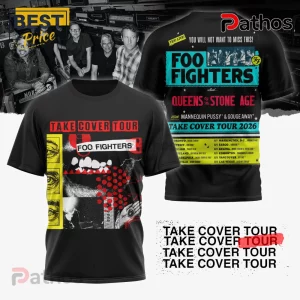 Foo Fighters Take Cover Tour 2026 Band Concert Graphic T-Shirt 2 Black tee with tour dates! Text: 'Take Cover Tour', 'Foo Fighters', 'Queens of the Stone Age'. Red, yellow, white graphics!