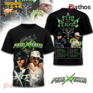 Feid Ferxxo Tour 2026 Premium Graphic Design Black Concert T-Shirt 1 Black tee w/ Feid Ferxxo tour dates, green text, musician portraits! Concert merch!