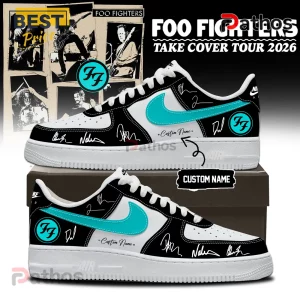 Foo Fighters Take Cover Tour 2026 Signature Limited Edition Air Force 1 Shoes 1 White shoes with black and teal, Foo Fighters Take Cover Tour 2026, band member signatures, custom name option!