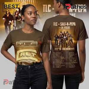Brown TLC Salt-N-Pepa tee! Text: TLC, ALT, TLC AND SALT-N-PEPA WITH EN VOGUE, IT'S ICONIC, THE TOUR. Tour dates listed!