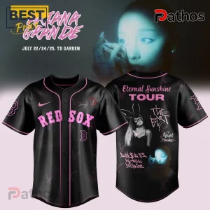 Ariana Grande Red Sox Eternal Sunshine Tour Baseball Jersey 1 Black Red Sox Ariana Grande baseball jersey! Pink font: Red Sox, Eternal Sunshine Tour, Dangerous Woman, July 22/24/25 TD Garden!