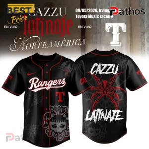 Black baseball jersey with red accents; text reads CAZZU, Rangers, Latinate, and Norteamerica!