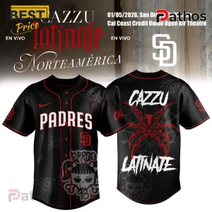 Black baseball jersey with red accents: PADRES, CAZZU, LATINATE text, spider graphic, & SD logo!