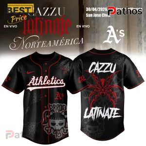 Baseball jersey: black, red accents, text 