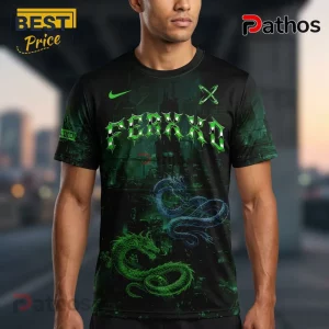 Black t-shirt with green dragon graphics and 'FERXXO' text, streetwear style!